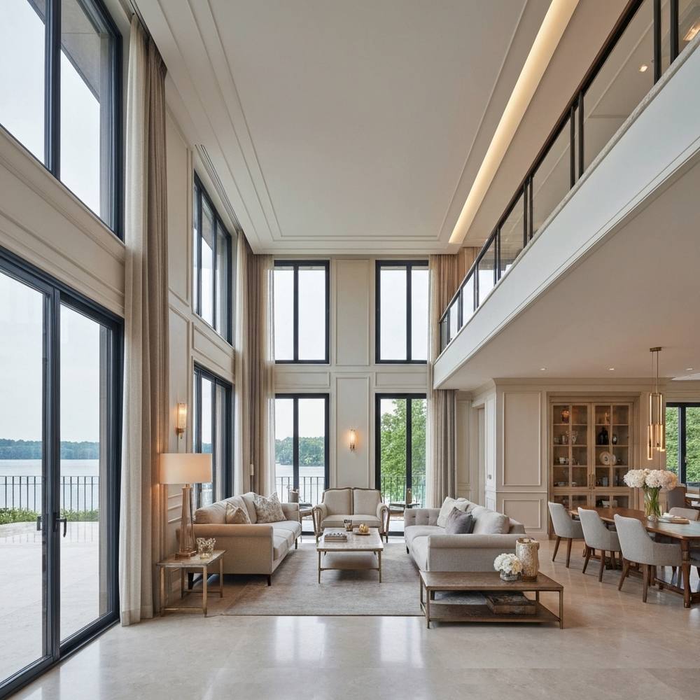 Villa de luxe rénovée à Vevey avec vue sur le lac Léman, hauts plafonds et finitions modernes mêlant ancien et nouveau.