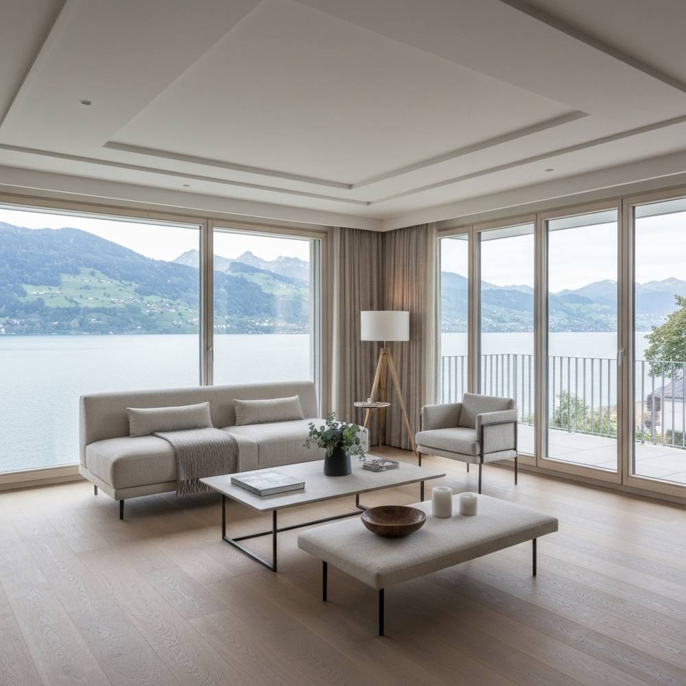 Rénovation de luxe d'un salon moderne en Suisse avec vue sur le lac, mettant en valeur des finitions épurées et des faux plafonds.