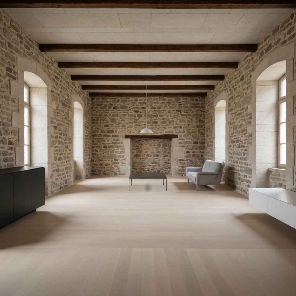 Rénovation intérieure d'une maison en pierre historique avec mélange de murs anciens et mobilier moderne à Genève