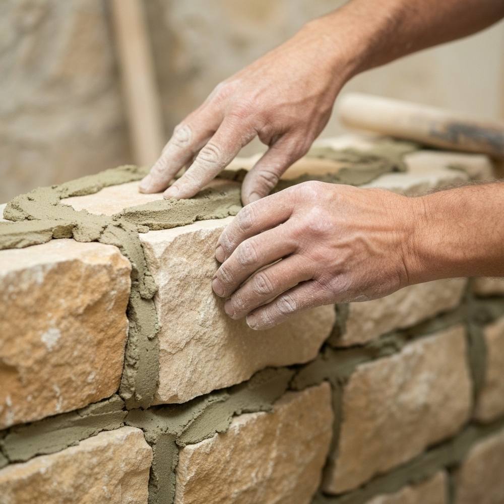 Gros plan d'un artisan réparant un mur de pierre traditionnel avec du mortier de chaux bien visible.